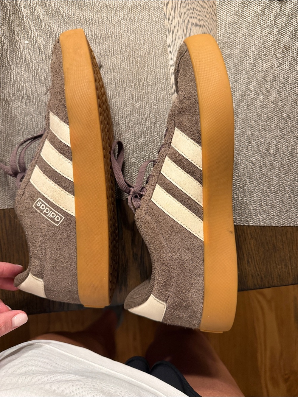 adidas Brown Suede Sneakers with Cream Stripes and Gum Sole - Picture 3 of 5